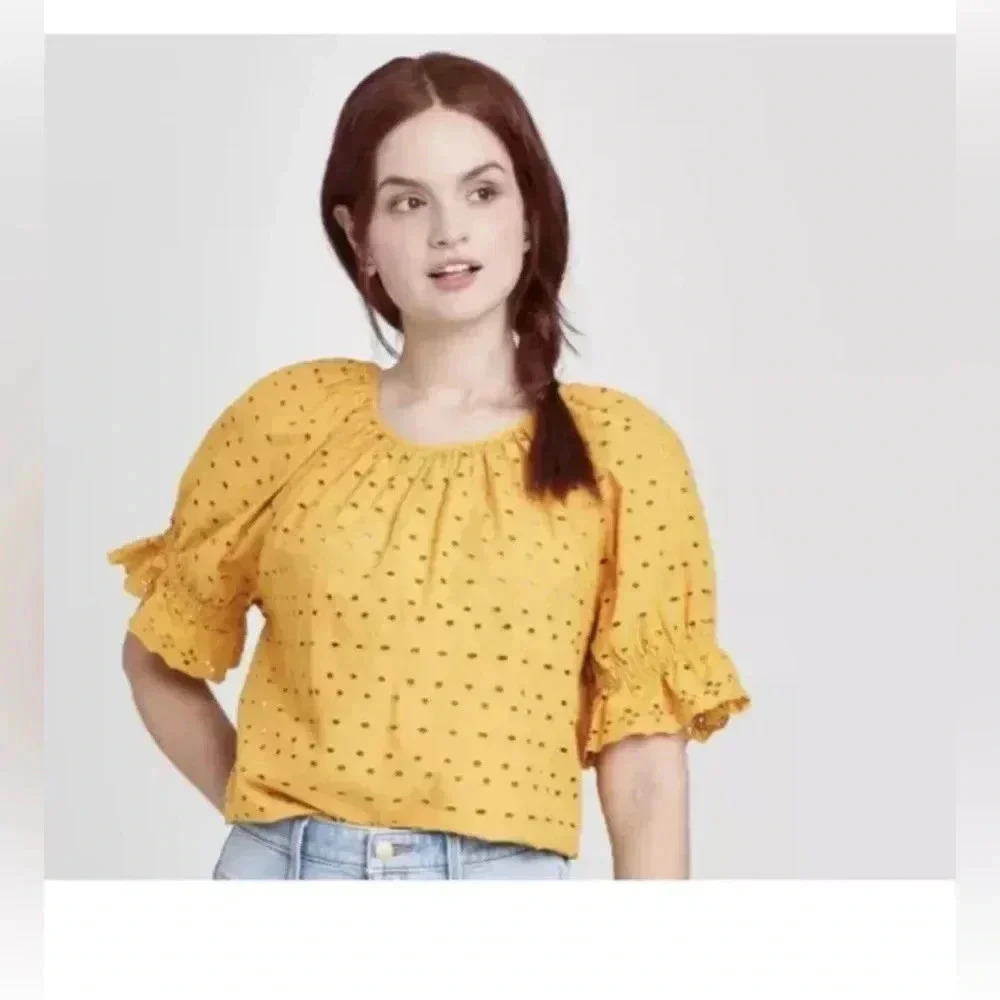 Universal Thread Gold Eyelet Puff Sleeves Blouse